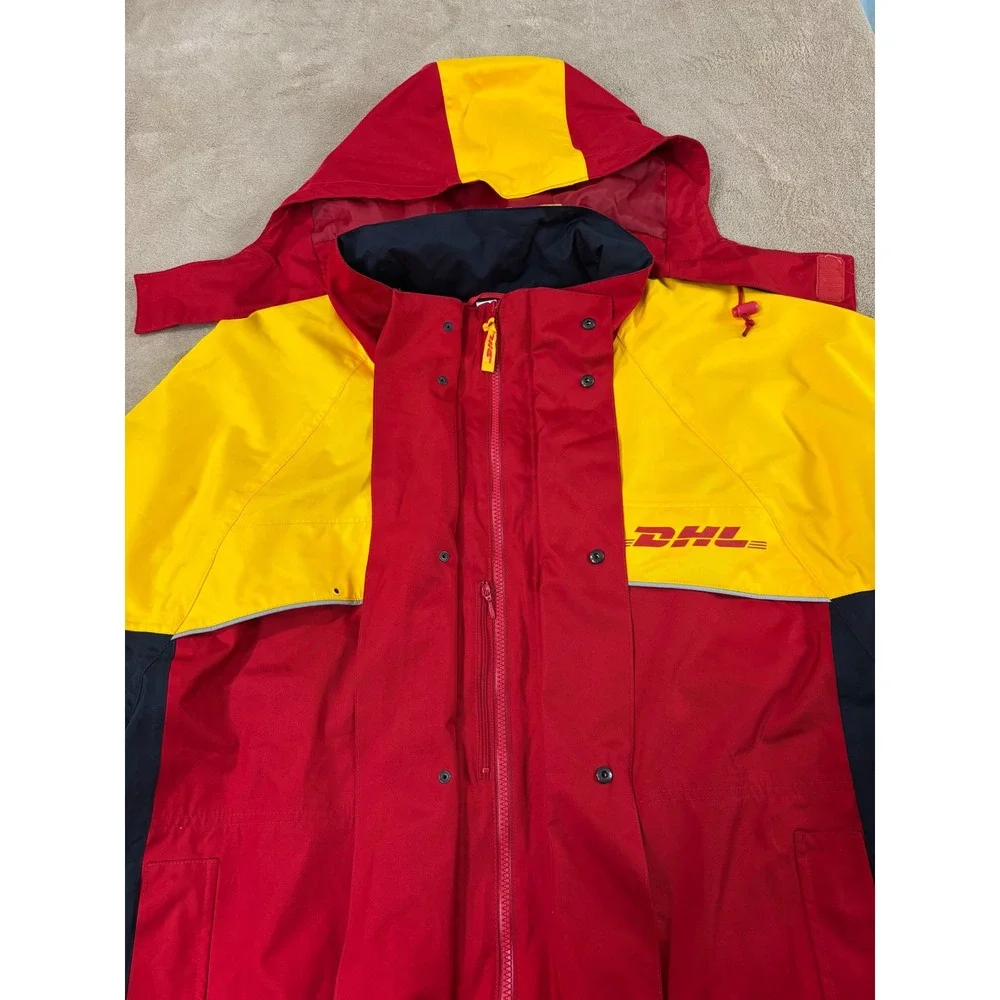 Vintage DHL‎ Service Wind Jacket Men M Red Yellow Mesh Lined Hood Activewear EUC